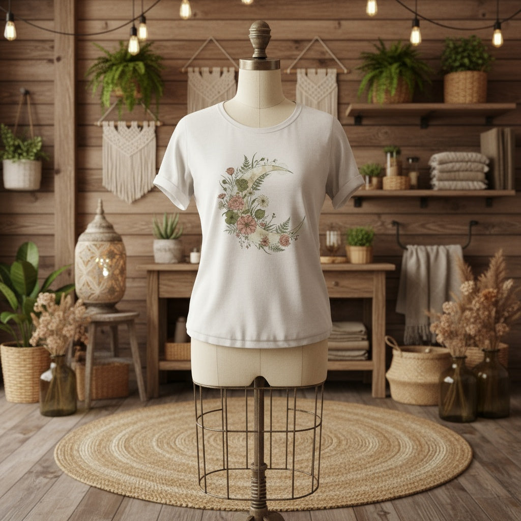 Exclusively by AnnaKat | White Floral Crescent Moon Graphic Tee