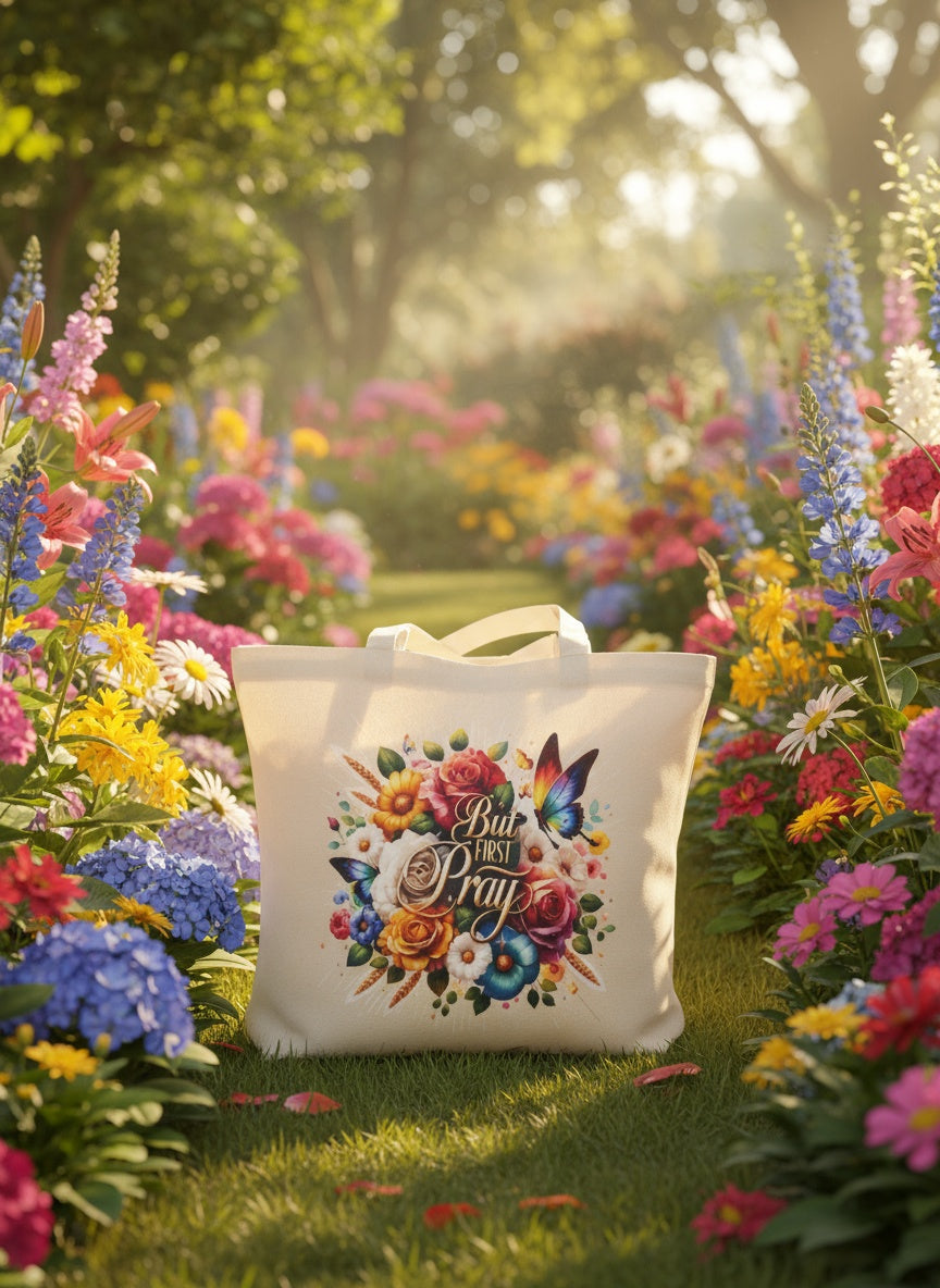 Elegant Floral Canvas Tote Bag with "But First Pray" Inspirational Design