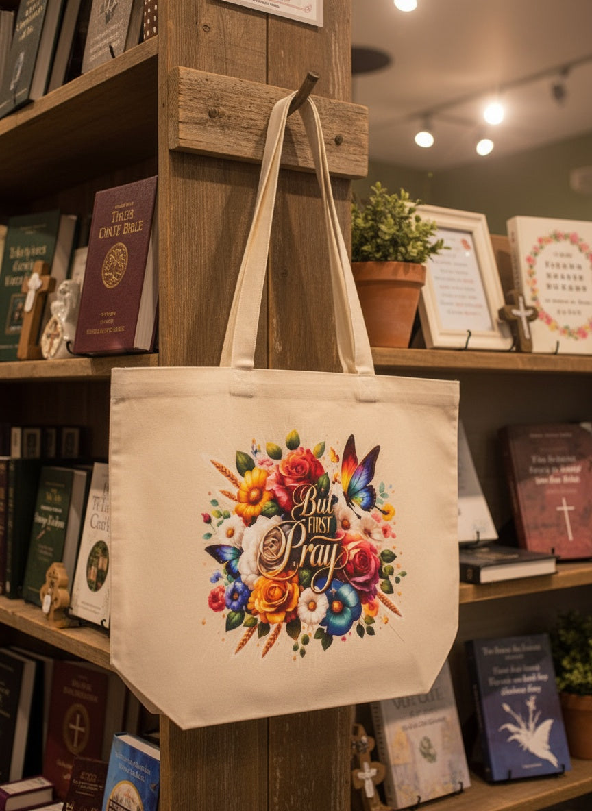 Elegant Floral Canvas Tote Bag with "But First Pray" Inspirational Design