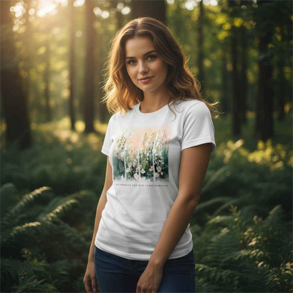 His Mercies Are New Every Morning T-Shirt – Inspirational Floral Christian Tee