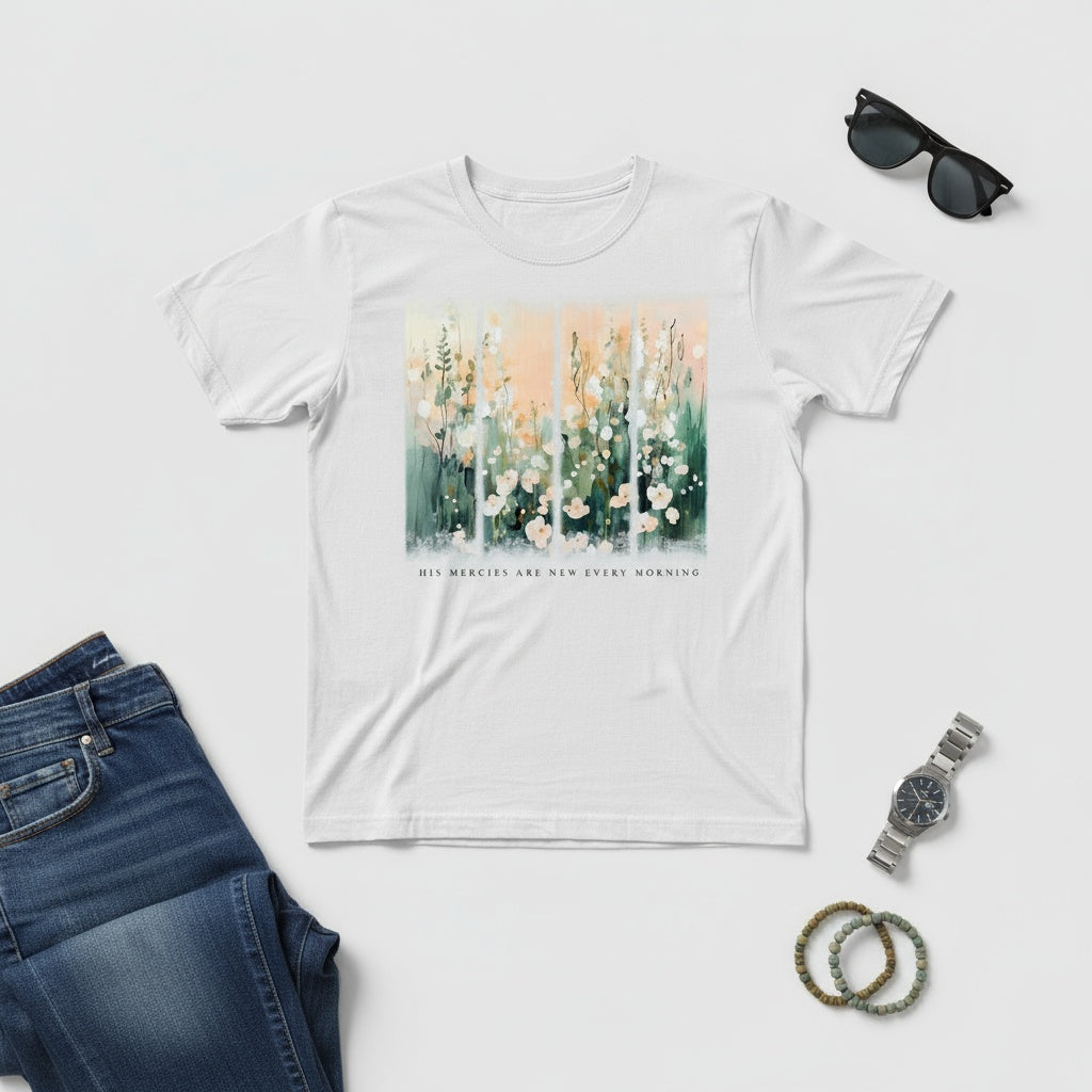 His Mercies Are New Every Morning T-Shirt – Inspirational Floral Christian Tee