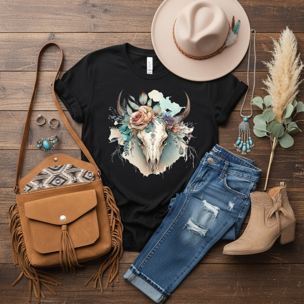 Boho Western Skull Floral T-Shirt – Rustic Chic Graphic Tee