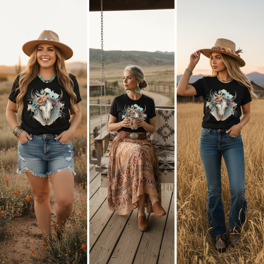 Boho Western Skull Floral T-Shirt – Rustic Chic Graphic Tee