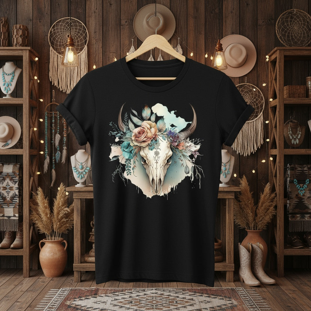 Boho Western Skull Floral T-Shirt – Rustic Chic Graphic Tee