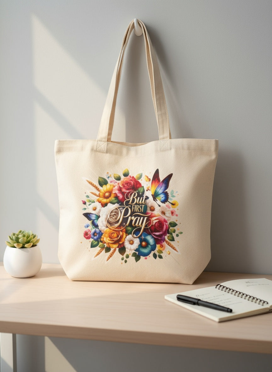 Elegant Floral Canvas Tote Bag with "But First Pray" Inspirational Design