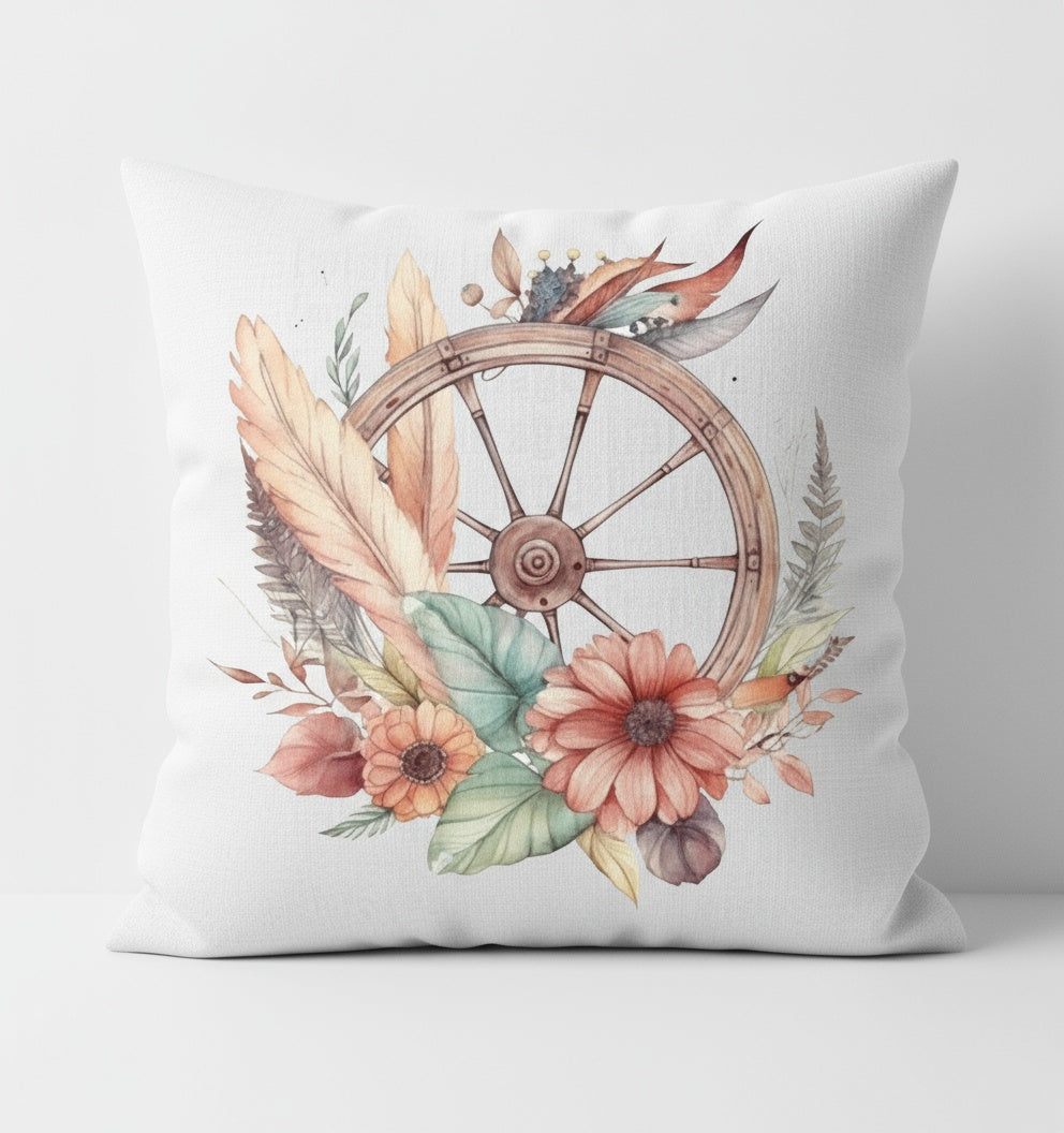 Boho Wagon Wheel Floral Pillow Cover – Decorative Throw Pillow Cover (Cover Only)