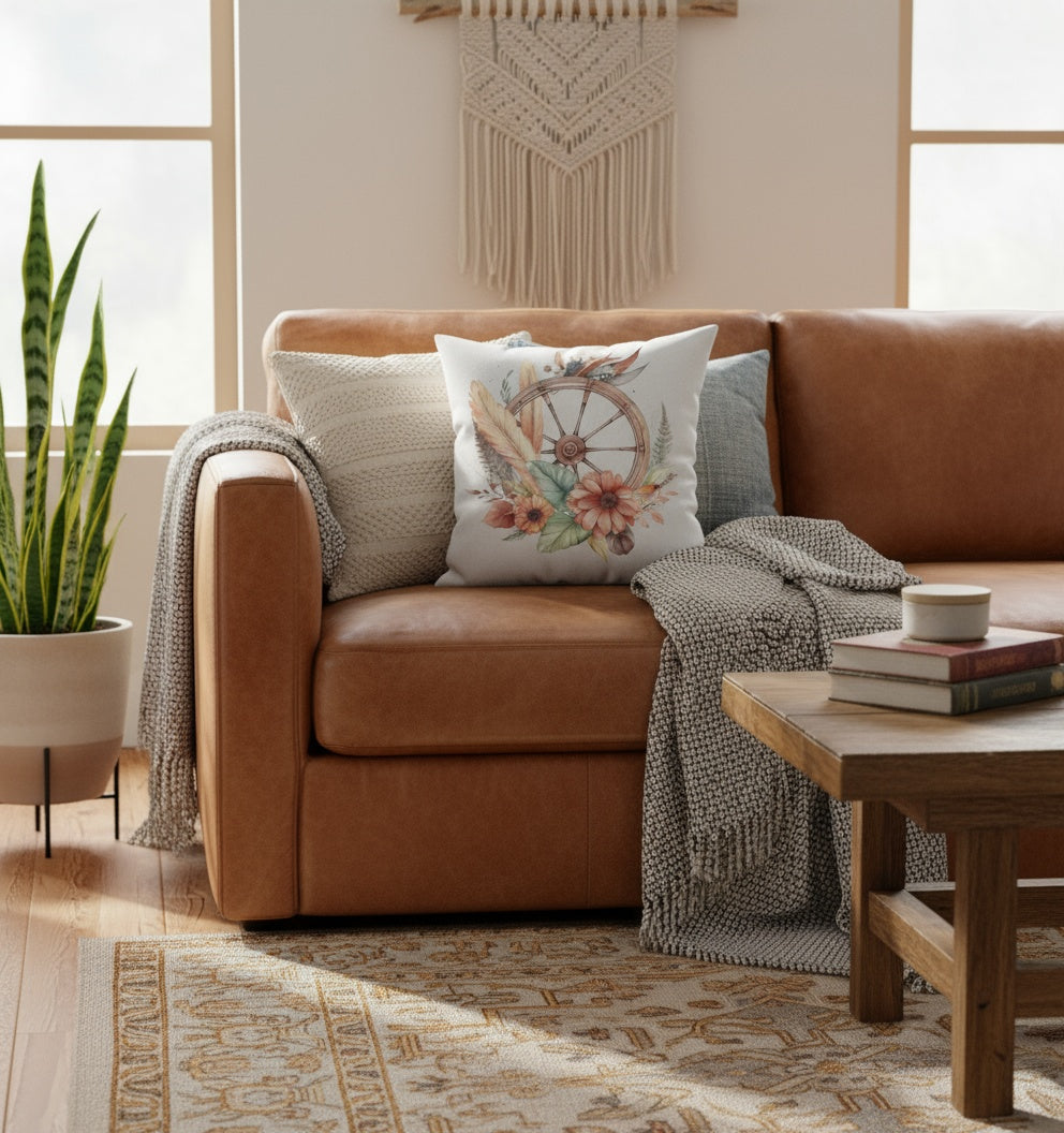 Boho Wagon Wheel Floral Pillow Cover – Decorative Throw Pillow Cover (Cover Only)