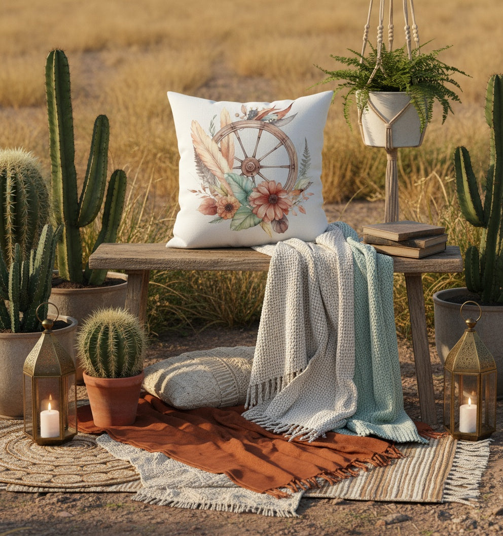 Boho Wagon Wheel Floral Pillow Cover – Decorative Throw Pillow Cover (Cover Only)