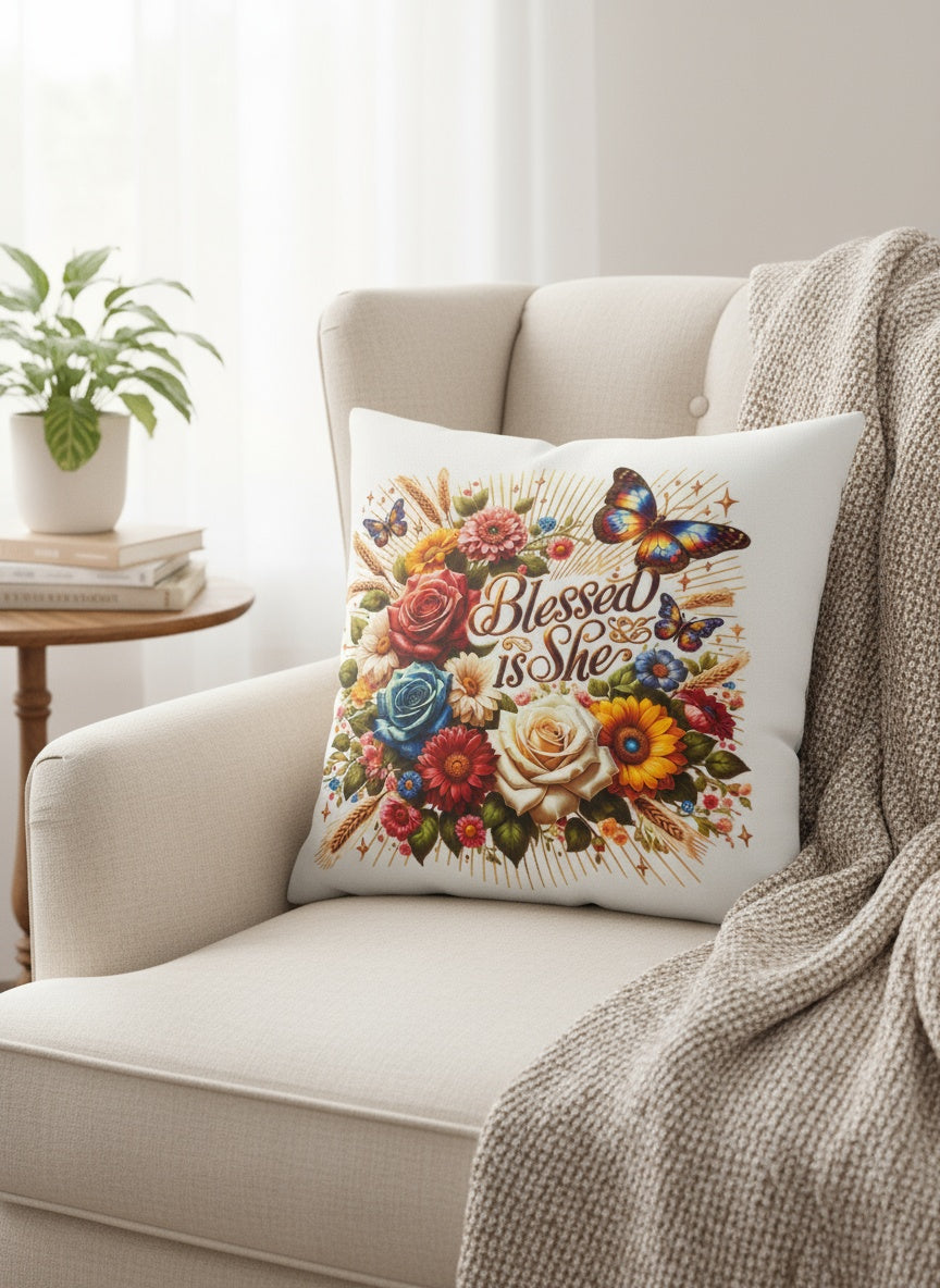 Floral "Blessed is She" Pillow Cover