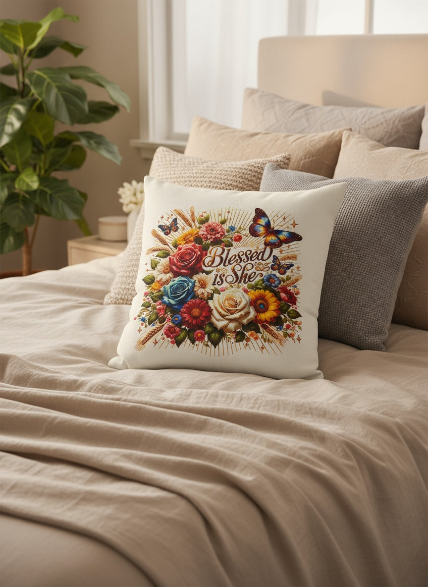 Floral "Blessed is She" Pillow Cover