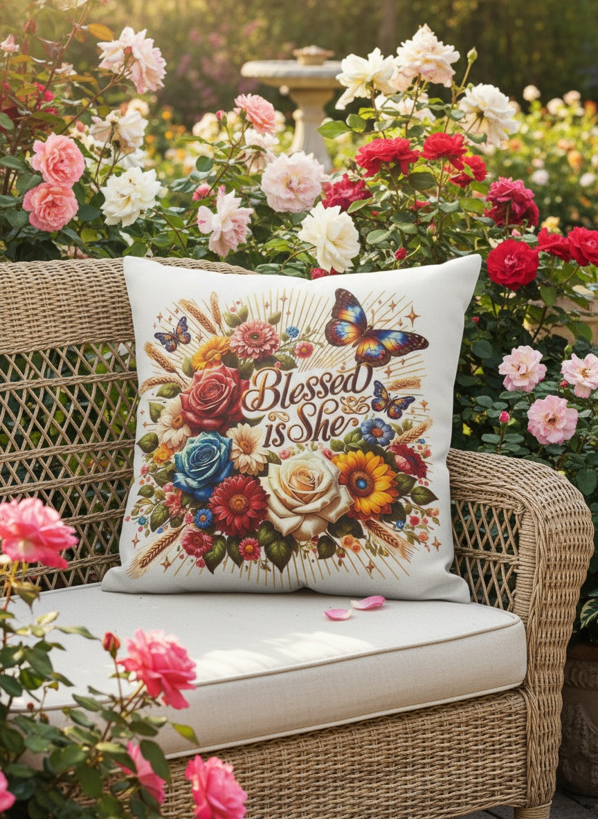 Floral "Blessed is She" Pillow Cover