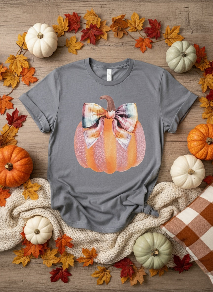Plaid Bow Pumpkin Fall T-Shirt – Cute Autumn Harvest Tee