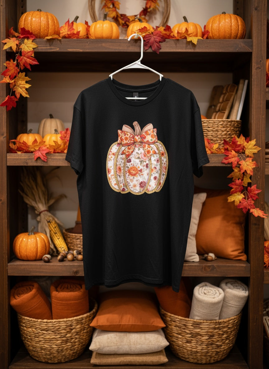 Floral Pumpkin Bow Fall T-Shirt – Autumn Floral Print Tee