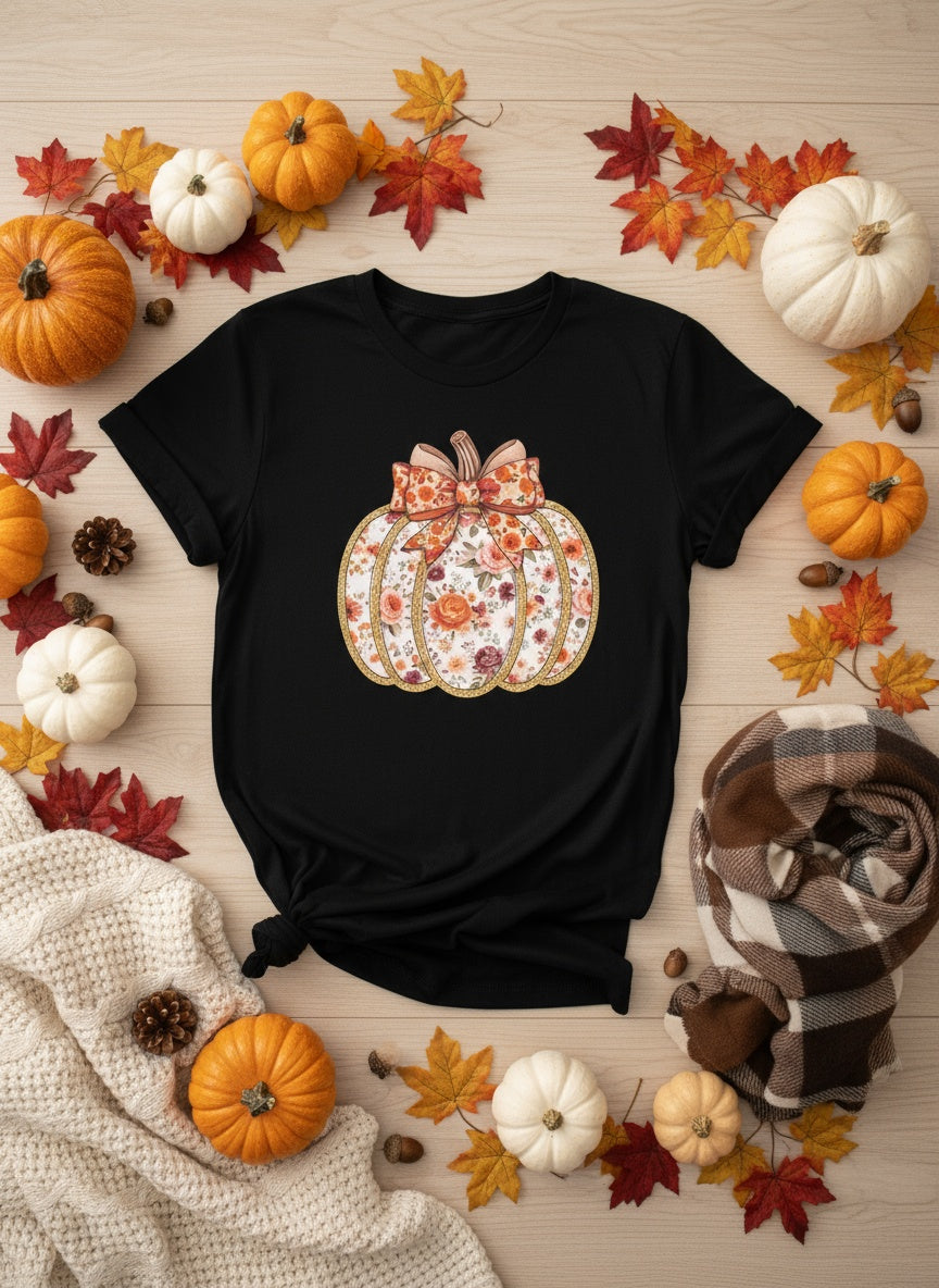 Floral Pumpkin Bow Fall T-Shirt – Autumn Floral Print Tee