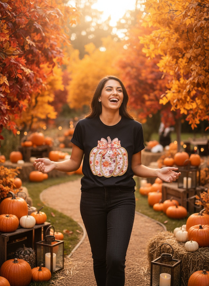 Floral Pumpkin Bow Fall T-Shirt – Autumn Floral Print Tee
