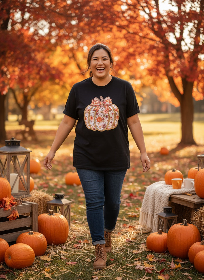 Floral Pumpkin Bow Fall T-Shirt – Autumn Floral Print Tee