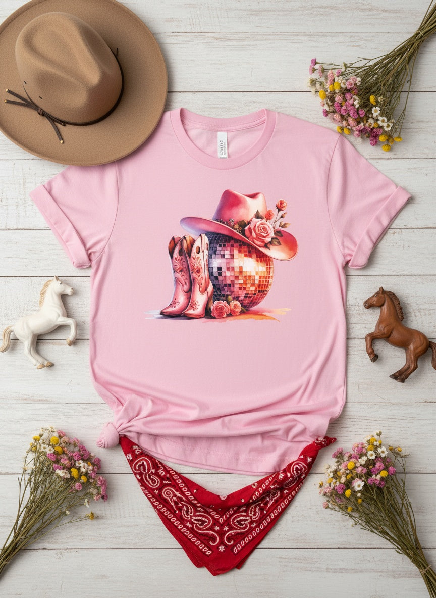 Pink Western Disco Cowgirl T-Shirt – Boots, Hat & Disco Ball Graphic Tee