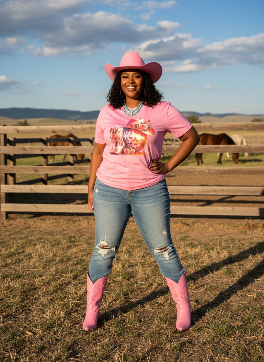 Pink Western Disco Cowgirl T-Shirt – Boots, Hat & Disco Ball Graphic Tee