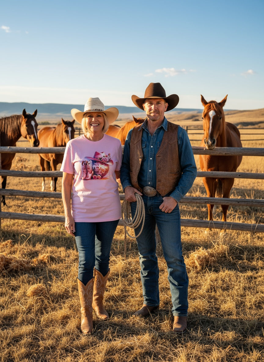 Pink Western Disco Cowgirl T-Shirt – Boots, Hat & Disco Ball Graphic Tee