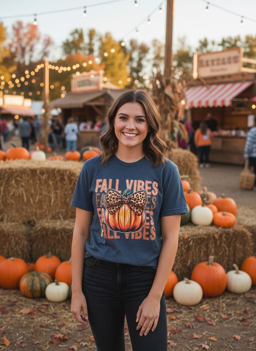 Fall Vibes Leopard Bow Pumpkin T-Shirt – Trendy Autumn Graphic Tee