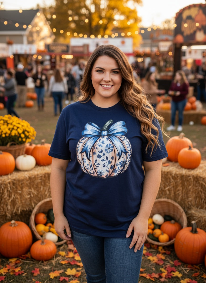 Blue Floral Pumpkin Plus Size Fall T-Shirt – Autumn Festival Graphic Tee
