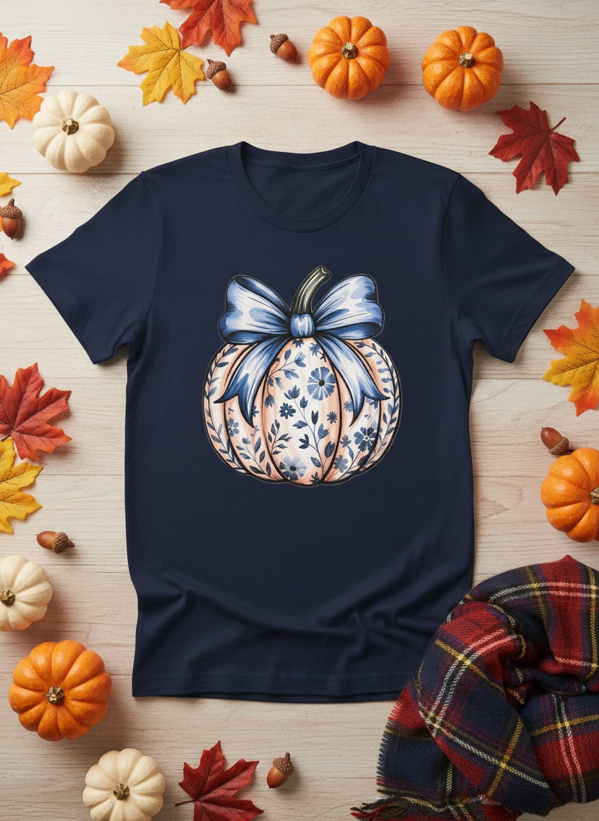 Blue Floral Pumpkin Plus Size Fall T-Shirt – Autumn Festival Graphic Tee