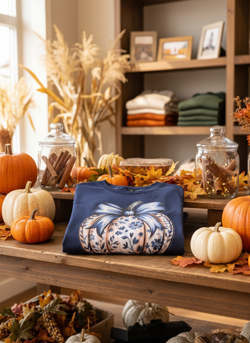 Blue Floral Pumpkin Plus Size Fall T-Shirt – Autumn Festival Graphic Tee