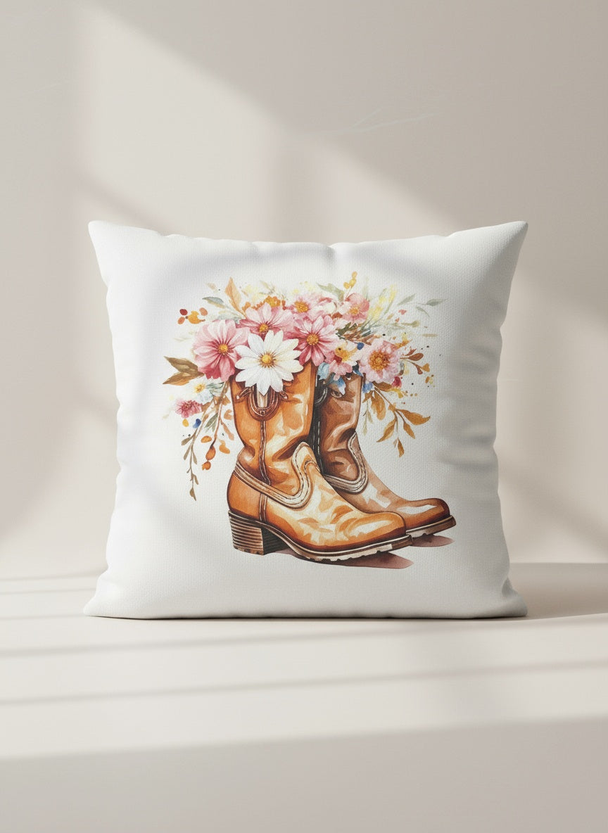 Rustic Western Boots Floral Throw Pillow – Farmhouse Country Decor