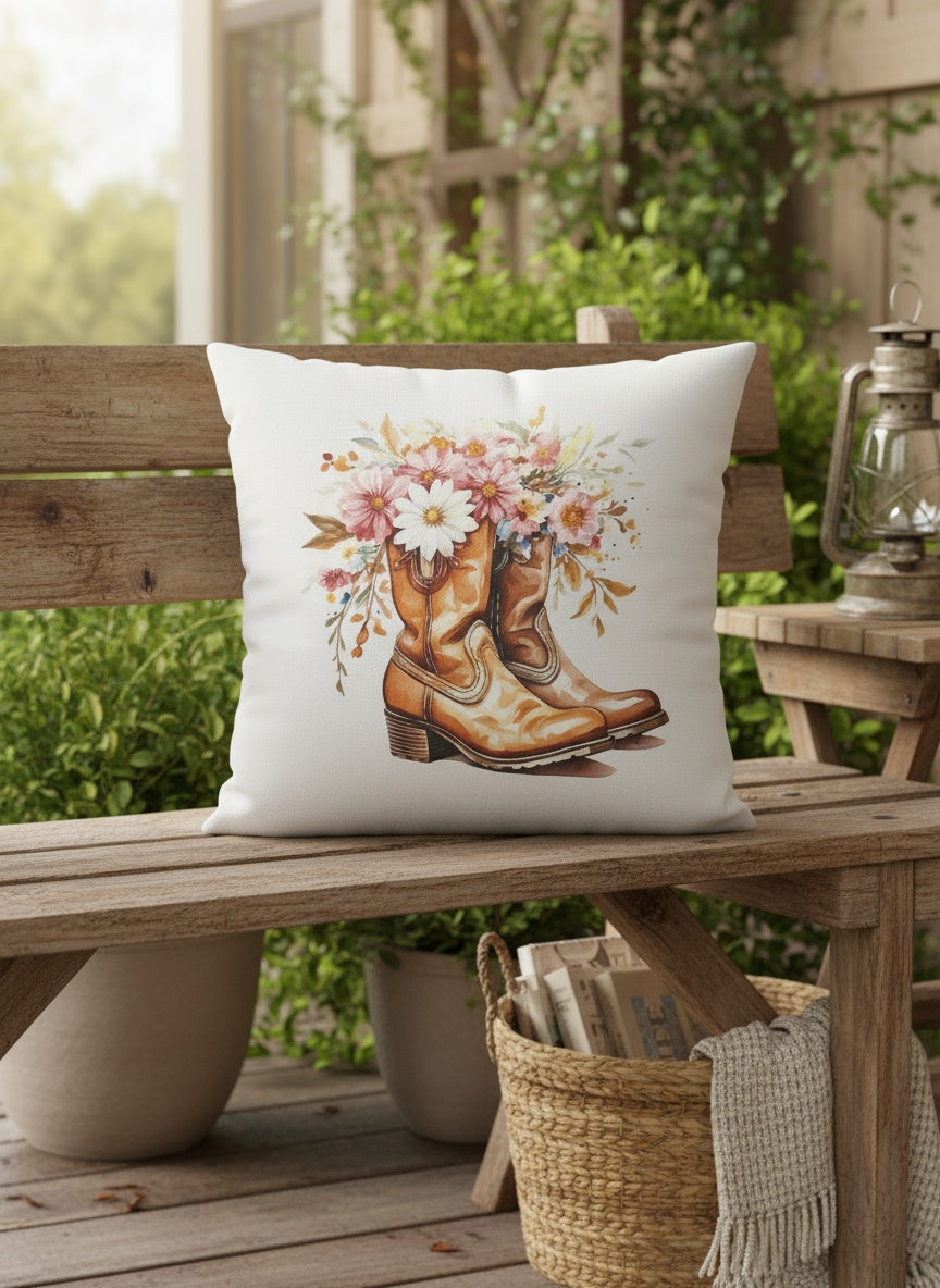 Rustic Western Boots Floral Throw Pillow – Farmhouse Country Decor